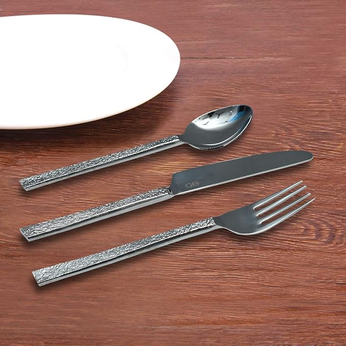 Bold & Divine Hammered Silver 5pcs Flatware Cutlery Set, Premium Stainless Steel Cutlery Set Service for 1 Include Knife/Fork/Spoon, Solid Stainless Steel Flatware