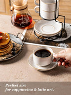 Gomakren 6 Ounce Cappuccino Cups with Saucers and Metal Stand, Stackable Coffee Cup Set of 4, Halloween Porcelain Espresso Cups for Coffee Drinks, Cappuccino, Latte, Americano, Tea, White