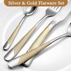 16 Piece Gold Hammered Silverware Set for 4, Premium Food-grade Stainless Steel Flatware Set, Luxury Design & Mirror Polished Cutlery Set, Eating Utensil Set with Fork Knife Spoon, Dishwasher Safe