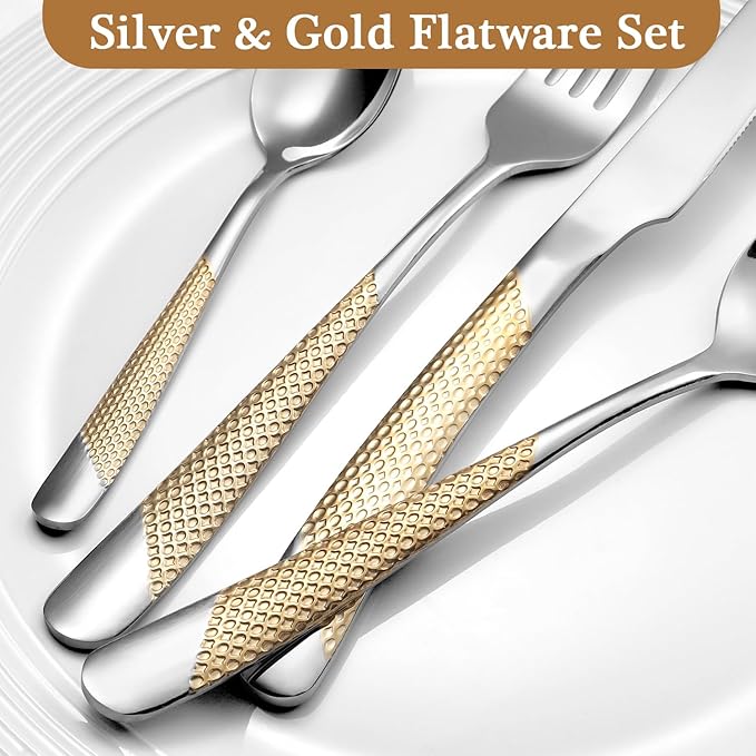16 Piece Gold Hammered Silverware Set for 4, Premium Food-grade Stainless Steel Flatware Set, Luxury Design & Mirror Polished Cutlery Set, Eating Utensil Set with Fork Knife Spoon, Dishwasher Safe