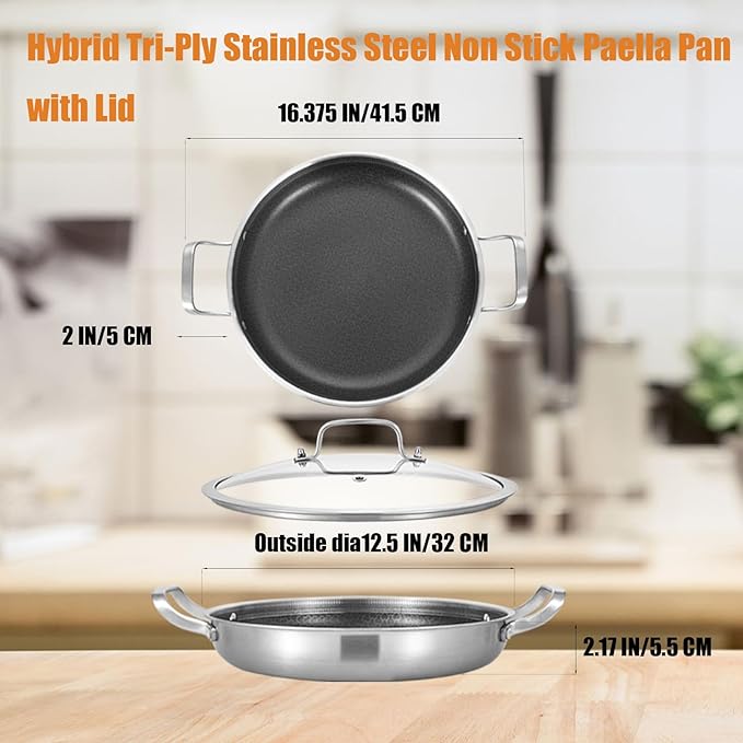 Inqibee 12-Inch Hybrid Tri-Ply Stainless Steel Non Stick Paella Pan with Lid,Stir Fry Pan,Omelet Pan,Large Skillet,Induction Cooking Pan,Dishwasher and Oven Safe.