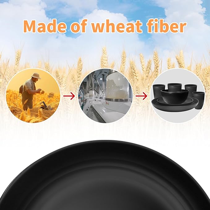 Wheat Straw Dishes Set for 8, Dinnerware Sets 32 piece, Unbreakable Plates, Bowls, Cups Sets for Kitchen Parties Camping RV - Black