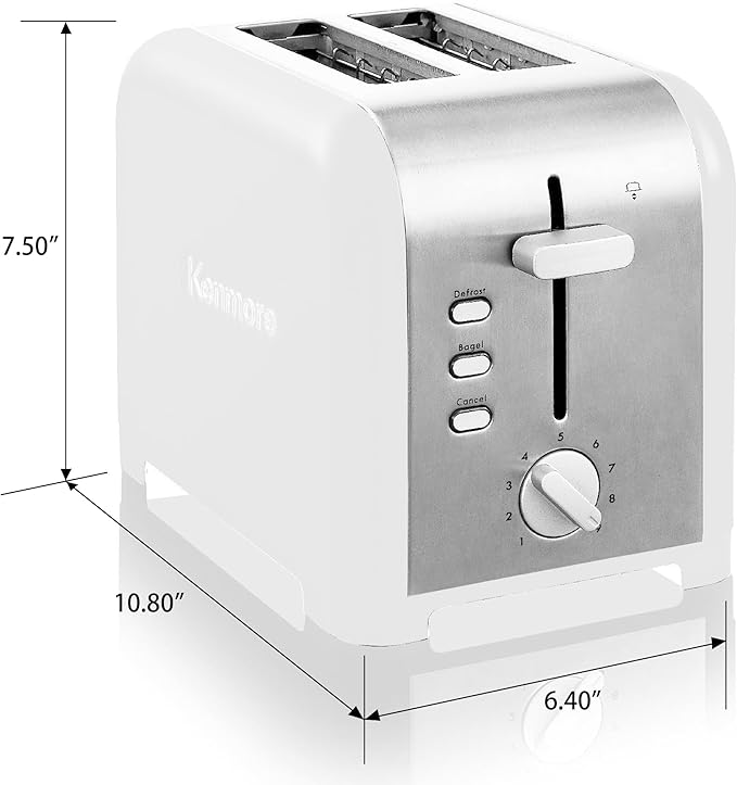 Kenmore toaster 2 slice - extra wide slot countertop kitchen appliance, defrost function, tostador de pan, 9 shade settings, compact design, easy clean crumb tray, bread bagel, stainless steel & White