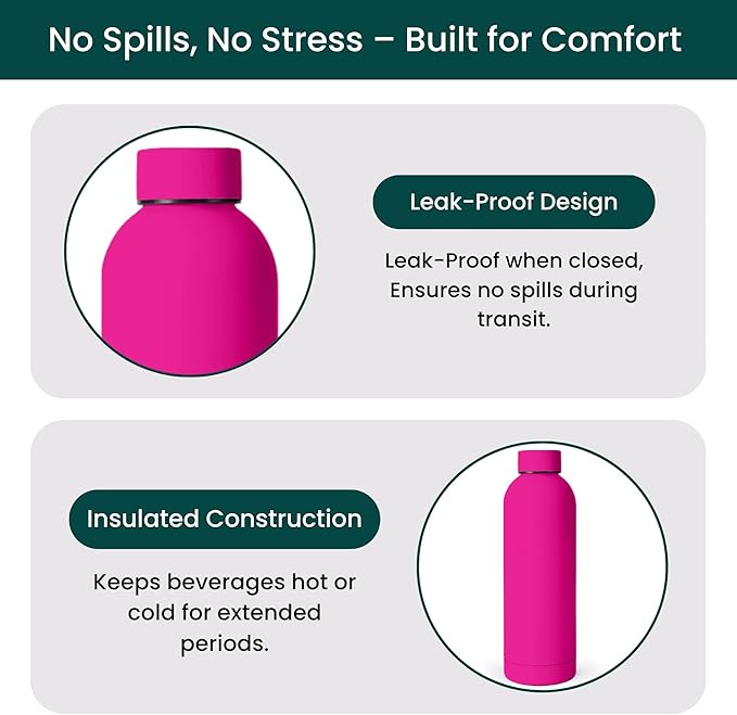 NOBL Stainless Steel Water Bottle,17 oz, 500 ml, Double Wall Vacuum Insulation, Sealed Bottle Keeps Drinks Cold 24 Hrs & Hot 12 Hrs, Leak Proof, Fits Noble Carry-On Cup Holder - Hot Pink