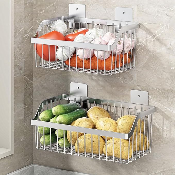 2 Set Fruit Basket for Kitchen, Pantry Kitchen Organizers and Storage, SUS304 Stainless Steel Wire Wall Basket, Onion Potato Vegetable Storage for Countertop Floor Cabinet Shelf