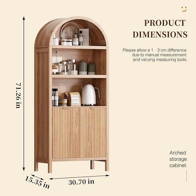 71" Tall Arched Kitchen Pantry,Modern Fluted Wood Storage Cabinet with Doors,Adjustable Shelves,Organizer, Versatile Cupboard for Kitchen,Living Room,Dining Room,Bathroom,Oak1