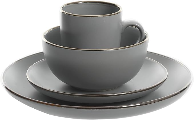 Gibson Home Rockaway Round Dinnerware, Service for 4 (16pcs), Grey/Gold Rim