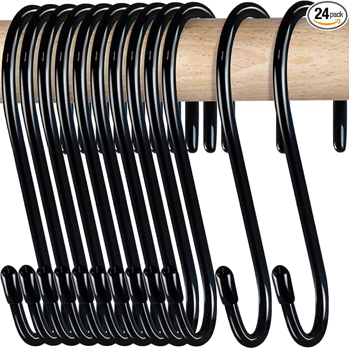 HiGift 24 Pack S Hooks for Hanging, 4-1/2 inch Large Black Vinyl Coated Metal S Shaped Hooks Heavy Duty, Non Slip Rust-Free Closet Hooks for Hanging Clothes Plant Jeans Bag Pan Pots Cups Towels