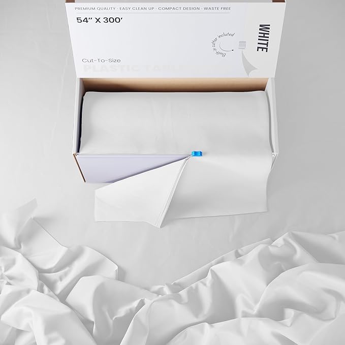 Exquisite Party Solids 54 Inch X 300 Feet White Plastic Table Cover Roll in A Cut - to - Size Box with Convenient Slide Cutter. Cuts Up to 36 Rectangle 8 Feet Plastic Disposable Tablecloths