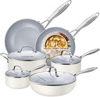10-Piece Ceramic Nonstick Cookware Set - PFOA-Free Pots and Pans with Glass Lids, Healthy Cooking Easy Clean, Induction Compatible & Oven Safe, Includes Frying Pan, Saucepan, Stockpot - Cream White