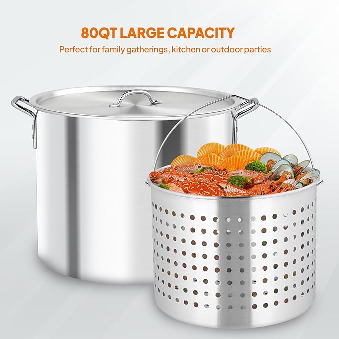 ROVSUN 80QT Turkey Fryer with Aluminum Boiler Steamer Basket & 150,000BTU Propane Burner, Outdoor Gas Deep Fryer & Seafood Crawfish Boil Pot Set with High Pressure Propane Regulator and Hose