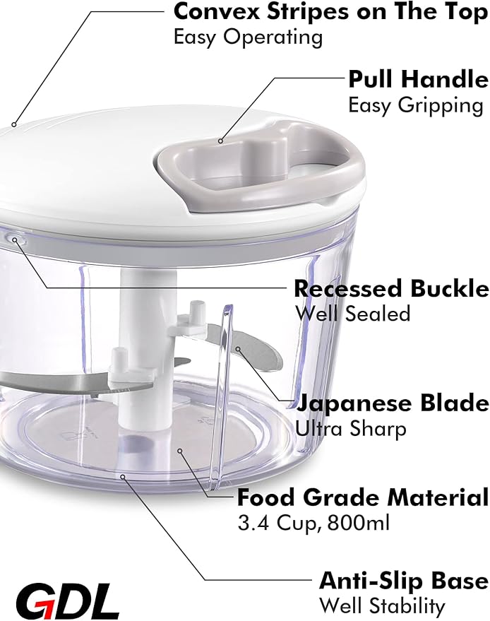 GDL Food Chopper, Pull Onion Chopper Dicer, Hand Powered Food Chopper, Fast Cutting Hand Chopper Mincer for Oinon, Garlic, Nut, 3.4 Cups 0.8L, White
