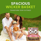 Nature Gear Picnic Basket, Wicker Basket with Handle for Outdoors, Insulated Woven Basket, Includes a Service Kit of Dinnerware & Wine Glasses, Picnic Basket Set for 4, Red & White