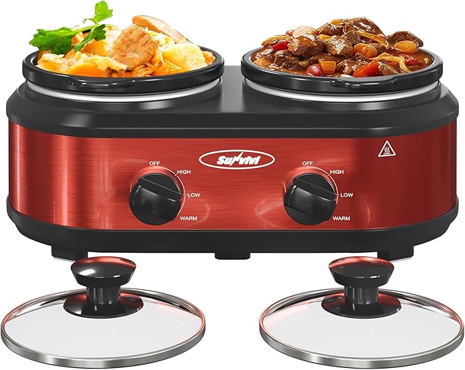 2 * 1.25 Quarts Dual Slow Cooker, Buffet Server & Warmer with 2 Removable Ceramic Pots, 3 Adjustable Temp Settings & 2 Visible Glass Lids, Stainless Steel, Red