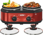 2 * 1.25 Quarts Dual Slow Cooker, Buffet Server & Warmer with 2 Removable Ceramic Pots, 3 Adjustable Temp Settings & 2 Visible Glass Lids, Stainless Steel, Red