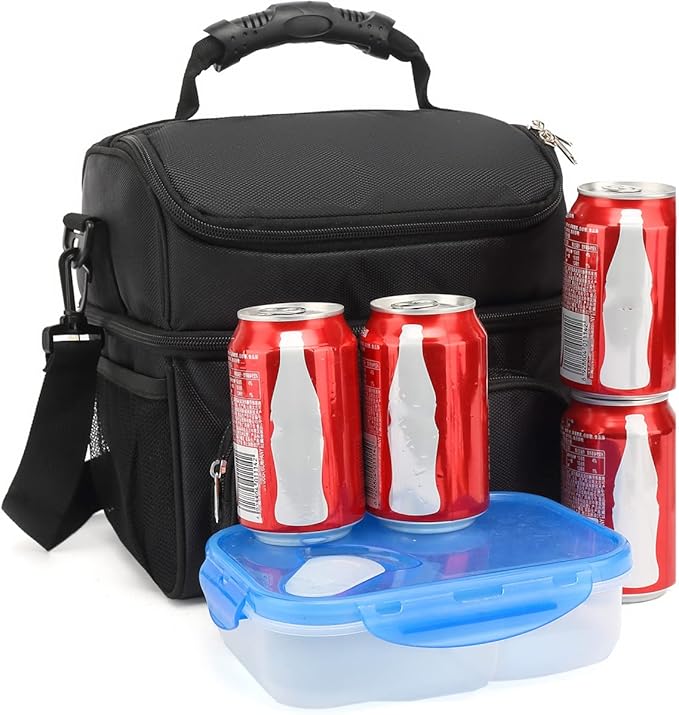 FlowFly Double Layer Cooler Insulated Lunch Bag Adult Lunch Box Large Tote Bag for Men, Women, With Adjustable Strap,Front Pocket and Dual Large Mesh Side Pockets
