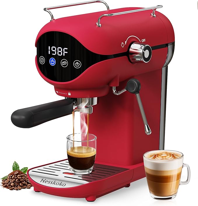 Espresso Machine with Steam Milk Frother Semi Automatic 20 Bar Compact Red with Touch Screen for home Cafetera Espresso, Latte, Cappuccino, Americano, Macchiato