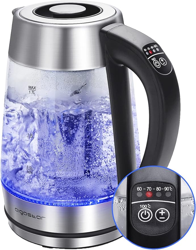 Aigostar Electric Kettle, Tea Kettle with Temperature Control and Tea Infuser, 1500W Hot Water Kettle with Variable Temperature, Keep Warm Function, LED Indicator Light Change, Auto Shut-Off, 1.7L