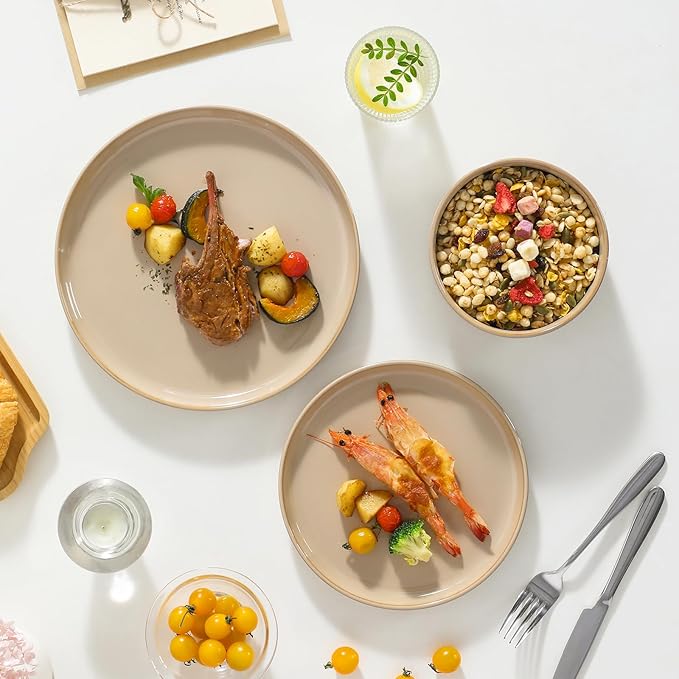 vancasso PLAYA Plates and Bowls Sets,12 Pieces Brown Dinnerware Sets for Kitchen, Reactive Glaze Dishes Set for 4, Dishwasher and Microwave Safe