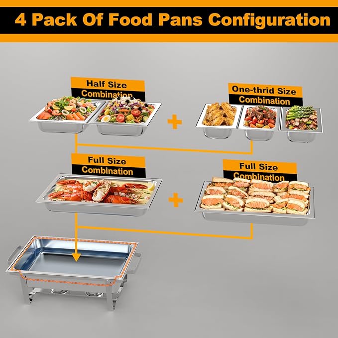 Chafing Dishes for Buffet 4 Pack, 9Qt Chafing Dish Buffet Set with Different Food Pans Combo, Food Warmers for Parties Buffet, Events & Weddings, Silver