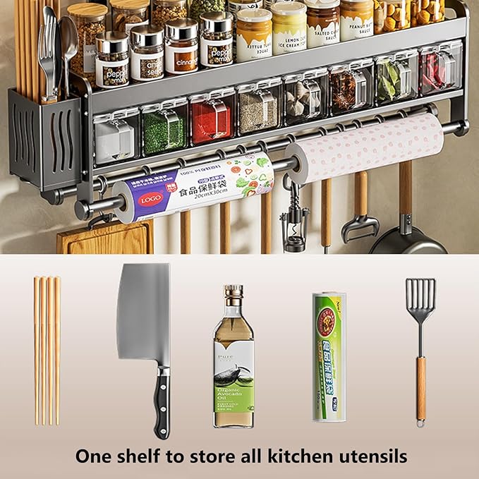 Hanging Wall Mount knife Wall Mount,Condiment Cup, Space-Saving Knife Rack with Hooks, Kitchen Organizer Storage Shelf for Utensils Spatula Spoon, Kitchen Utensil Hanger (Grey, 48cm+6Cups+10Hooks)