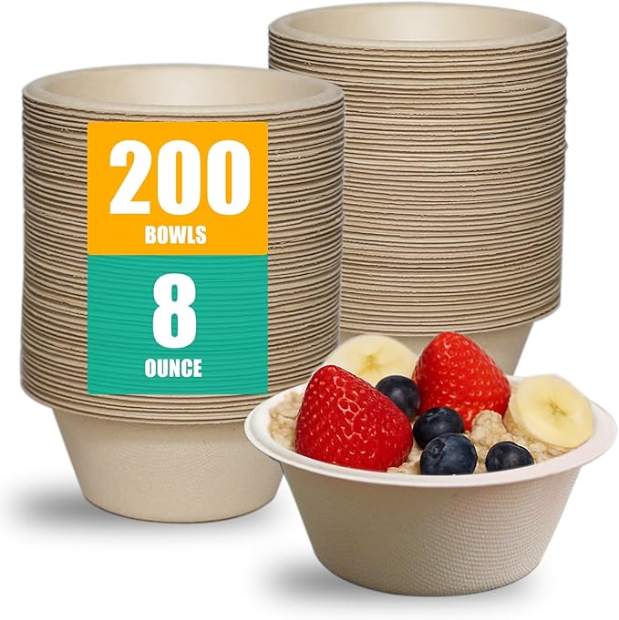 200 Count 8 oz Paper Bowls, Disposable Compostable Bowls, Heavy Duty Biodegradable Sugarcane Bagasse Bowl for Snacks, Fruits, Desserts, Natural