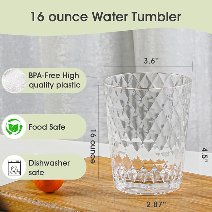 BPA-Free Plastic Tumblers 6 Pack (6x16oz) | Reusable Dishwasher Safe | Stackable Shatterproof Cups | Plastic Drinkware & Drinking Tumblers for Restaurant, Home, Party