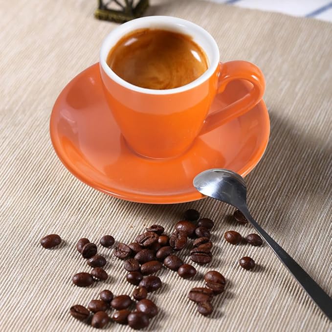 Porcelain Espresso Cup with Saucer And Stainless Steel mini Spoons, Espresso shot Cup, 80ml/2.7Oz, Pack of 2, Orange