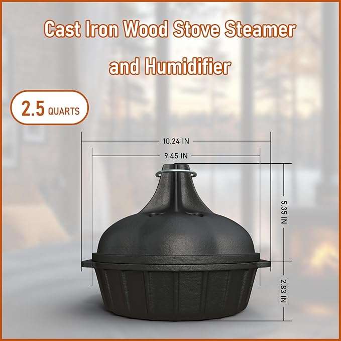 Wood Stove Steamer & Woodstove Steamer Stove Humidifier Cast Iron,2.4 Qt Round Fireplace Humidifier & Simmer Pots with Heart-shaped Vent At The Top Covers (Round-2)