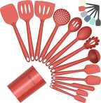 Coukre Silicone Kitchen Cooking Utensils Set with Holder – Heat-Resistant, Food-Grade Kitchen Tools, Spatula, Spoon & Gadgets for Non-Stick Pans, Dishwasher Safe (14, PureRed)
