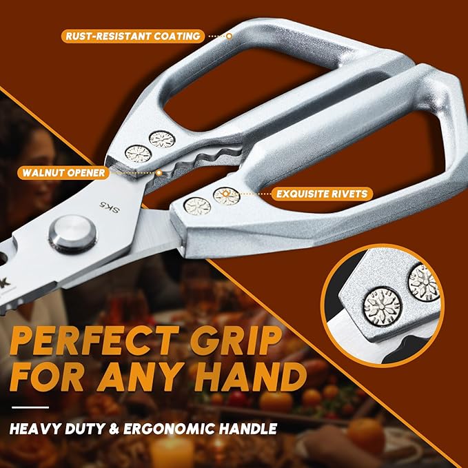 HUUSK Kitchen Scissors and Vegetable Peeler Set - Silver Stainless Steel Cooking Kitchen Shears for Food with Serrated Peeler, Heavy Duty Japanese Style Dishwasher Safe Meat Scissors for all Purpose