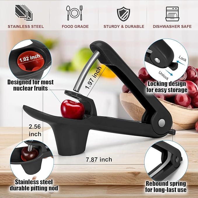 SCHVUBENR Cherry Pitter Tool - Stainless Steel Cherry Corer Pitter with Ergonomic Push Design - Easy to Use for Making Cherry Jam - Pit Cherry with Ease, Saving Time & Space with Lock Design(Black)
