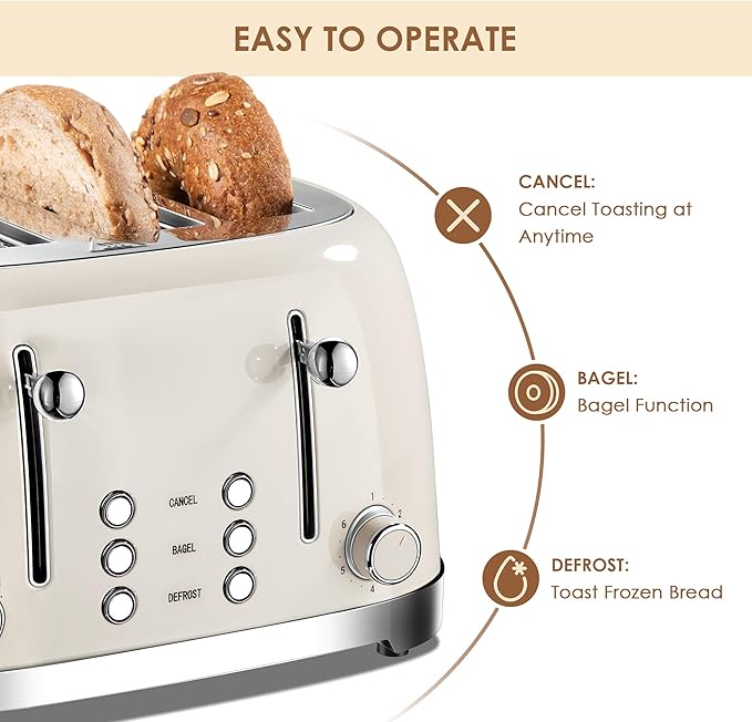 4 Slice Toaster Roter Mond Retro Stainless Steel with Bagel Defrost Cancel Function, 6 Browning Settings, Extre Wide Slot and Removable Crumb Tray, Cream, ST033