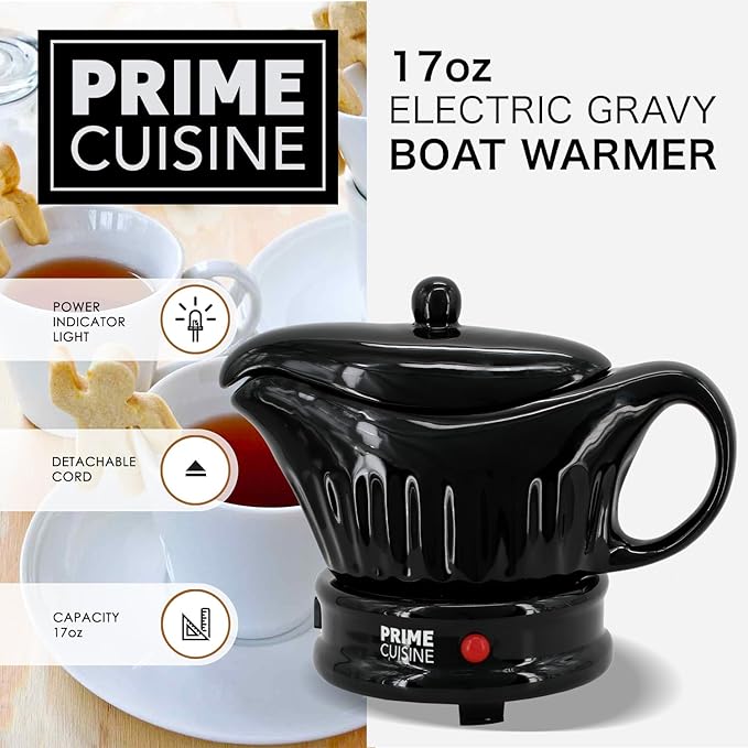 17oz Electric Gravy Boat Warmer, Ceramic Gravy Boat with Detachable Cord and Lid
