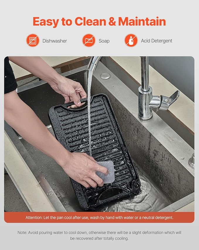 VEVOR Reversible Grill/Griddle, 14x8.5 inch Pre-Seasoned Cast Iron Griddle, Portable Rectangular Pan with Handle, Family Cookware for Indoor/Outdoor Stove Top Burner, Gas, Camping BBQ, Black