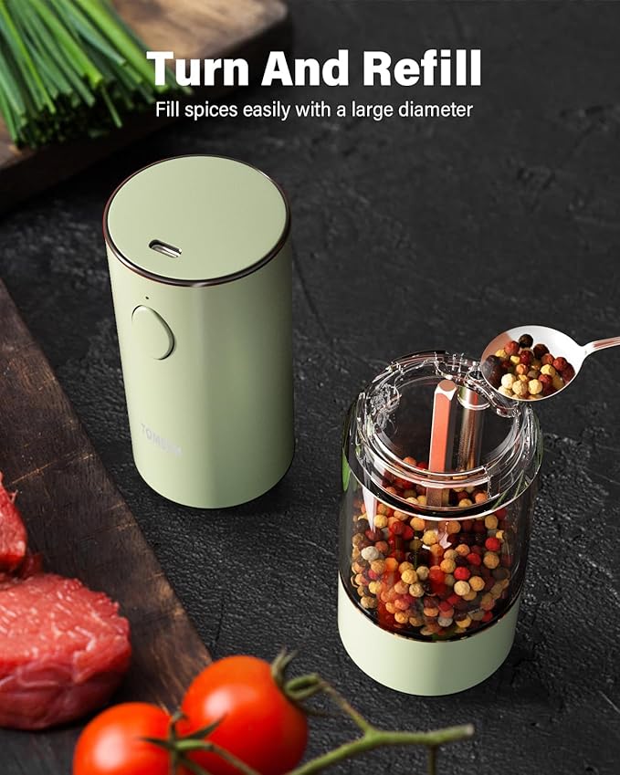 TOMEEM Upgraded Larger Capacity Electric Salt and Pepper Grinder Set Rechargeable with LED lights, Stainless Steel Automatic Pepper and Salt Grinder Refillable with 5 Adjustable Coarseness Green