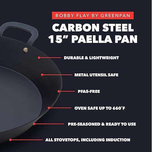GreenPan x Bobby Flay 15” Carbon Steel Paella Pan, Pre-Seasoned, Nontoxic, PFAS-Free, Induction Compatible, Flat Bottom, Rice & Seafood Dishes, High Heat & Oven Safe Durable, Cast Iron Alternative