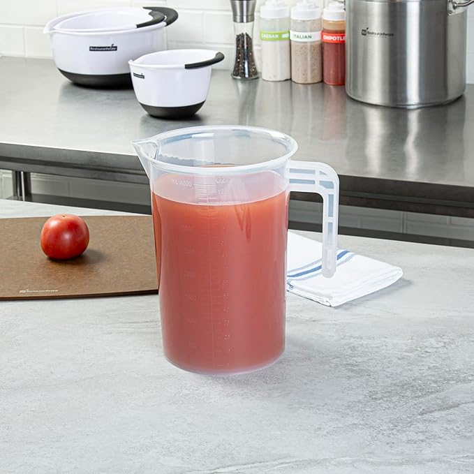 Restaurantware Measuring Cup, 4 Quarts Pack of 1 Conical Spout Liquid Scaling Vessel Embossed Ml and Oz Graduations, Clear Plastic Measuring Cup with Handle, For Cooking Baking For Oil Flour