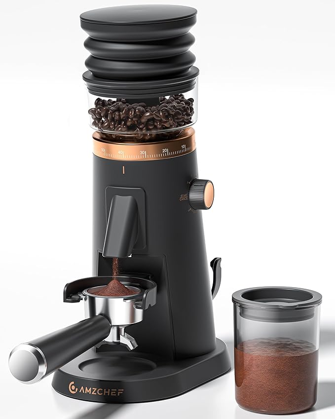 AMZCHEF Single Dose Coffee Grinder with 75 Settings & 40mm Burrs | Anti-Static Espresso Grinder for Home Use | Low Retention Magnetic Outlet | Quiet DC Motor | Vacuum Dosing Cup | LED Light