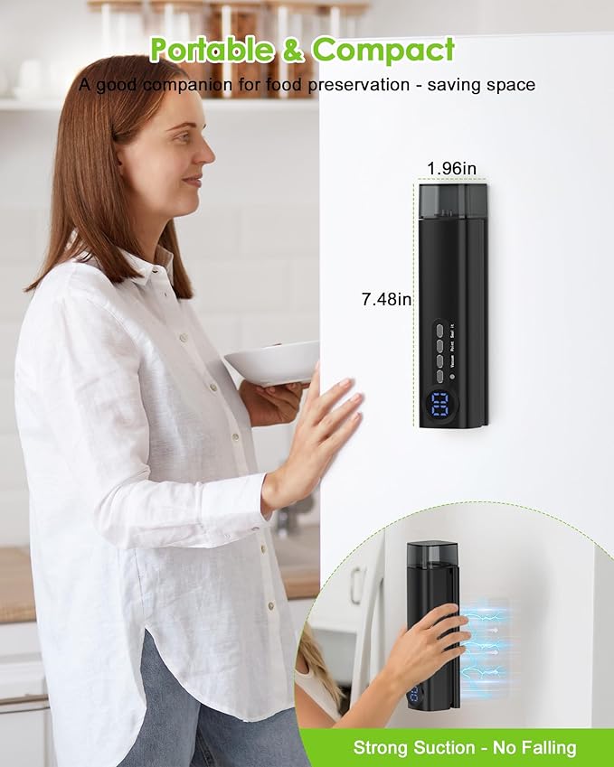Small Magnetic Vacuum Sealer for Food, 62 Kpa Strong Suction, 3-in-1 Cordless Rechargeable Food Sealer with 1 Vacuum Bag & 4 Snack Bags, Heat Sealer, Inflation Pump for Balls/Swim Ring - Black