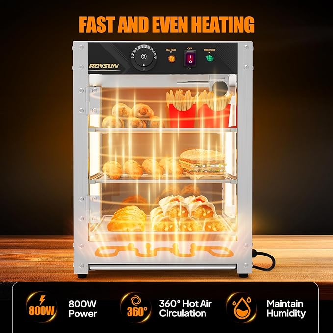 ROVSUN 3-Tier Commercial Food Warmer, 15" Pizza Warmer Food Warmer Display with LED Adjustable Lighting Glass Door Removable Shelves, Countertop Electric Food Warmer for Buffet Restaurant 110V 800W