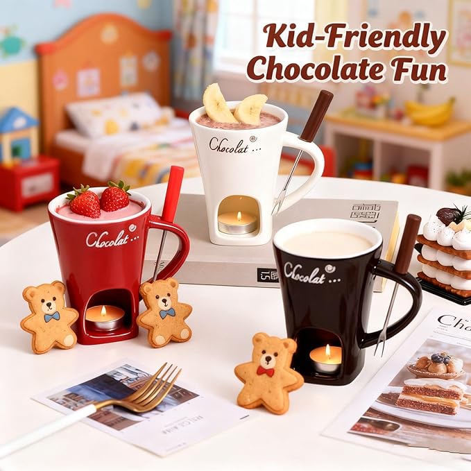 Chocolate Fondue Mug, Fondue Cups Tealight, Chocolate Melting Mug With Candle, Mini Ceramic Chocolates Melting Cup With Forks, Date Night Birthday Wedding Gifts (White)