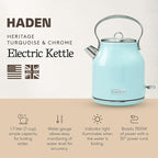 Haden Heritage 1.7 Liter Stainless Steel Electric Kettle, Hot Water Kettle with 360-Degree Base and Auto Shutoff, Turquoise & Chrome