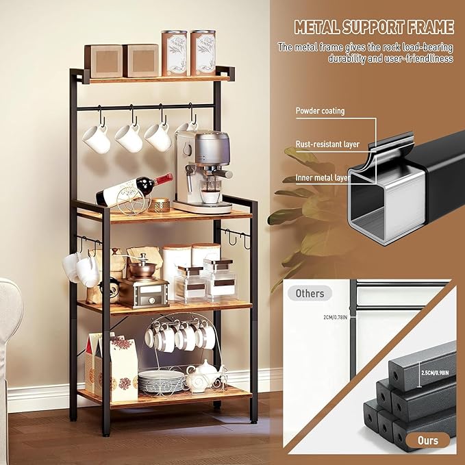 Baker's Rack with Power Outlet, 4-Tier Standing Kitchen Rack Microwave Stand Storage Shelves, Coffee Bar Station Cabinet Table, Heavy Duty Kitchen Organizer for Coffee Bar, Bread