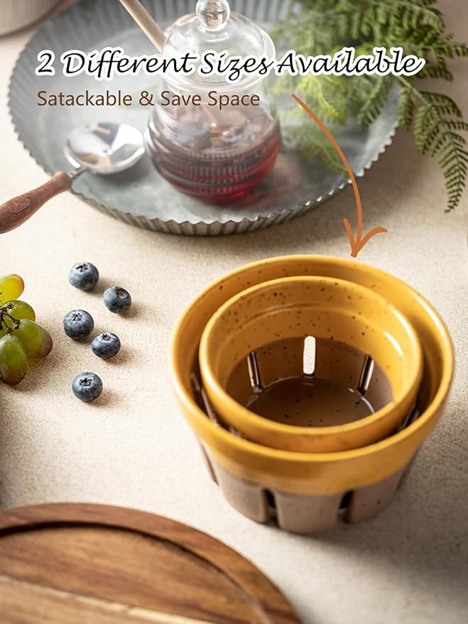 Gomakren Ceramic Berry Basket Set of 2, Round Fruit Bowls with Holes, Rustic Fruit Basket Containers for Kitchen, Berries, Strawberry, Grape, Cherry, Yellow + Brown