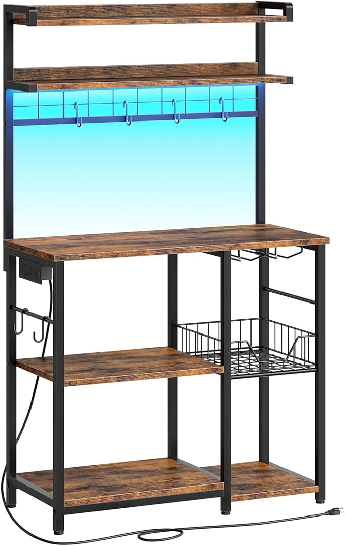 HOOBRO Bakers Rack with Power Outlet, 5 Tiers Coffee Bar with LED Light, Microwave Stand with Wire Basket & Wine Holders, Kitchen Storage Shelf with 6 S-Shaped Hooks, Rustic Brown and Black BF21UDHB01