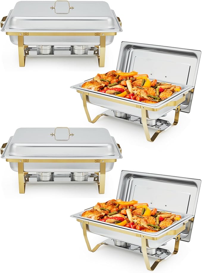 Garvee Chafing Dish Buffet Set 4 Pack, 8QT Buffet Servers and Warmers Set with Lid & Foldable Frame, Rectangular Stainless Steel Chafer Food Warmer for Parties Wedding Catering Supplies, Gold