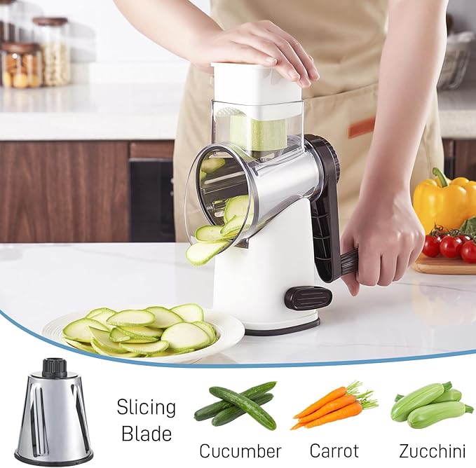 VEKAYA Cheese Grater, Cheese Grater Hand Crank, 4 Interchangeable Blades Cheese Shredder, Vegetable Slicer, Non-slip Suction Base, Easy to Clean Rotary Grater with Handle (White)