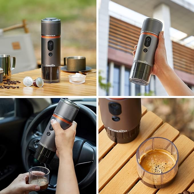 CONQUECO Portable Espresso Machine Travel: 12v Car Coffee Maker for Camping - Small Electric - 2.5 Mins Heating - 8 Cups Espresso for One Charge