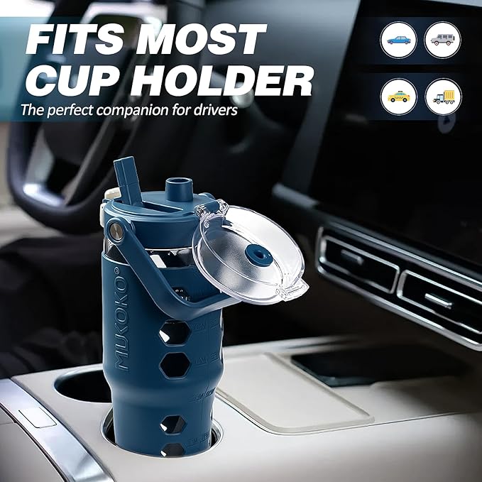 MUKOKO 32 oz Glass Tumbler with Straw,Glass Water Bottles with Time Marker,Iced Coffee Cup with Silicone Sleeve,Motivational Drinking Bottles,Leakproof-Blue